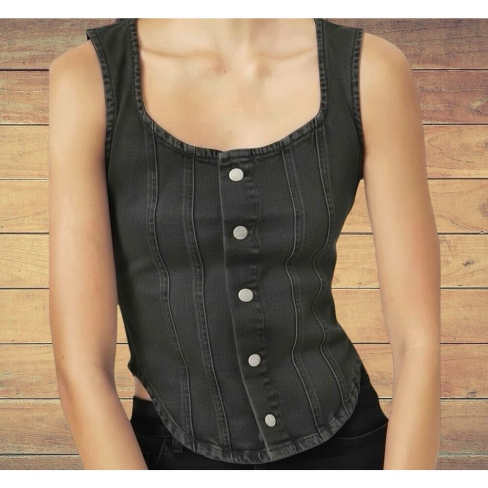 Warp + Weft NEW Black Denim Vest Sz S Metallic Snap Closure Sexy Square Neck $98